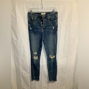 We The Free Distressed Button-Fly Skinny Jeans in Washed Blue